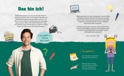 Ein Mann mit braunen Haaren und einem lächelnden Gesicht. Er steht vor einem bunten Hintergrund mit Illustrationen von Büchern, einem Laptop und einem Mädchen mit Geweihen.