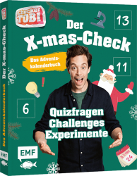 Buchcover mit dem Titel 'Der X-mas-Check'. Abgebildete Person mit lächelndem Gesicht, umgeben von weihnachtlichen Motiven.