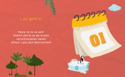 Kalenderblatt mit der Zahl 01. Text über das Öffnen von Seiten und Überraschungen.