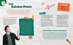 Illustration eines Experiments zur Raketenantrieb mit Brausetabletten. Enthält Anleitungen und Sicherheitswarnungen.