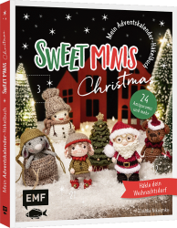 Buchcover mit weihnachtlichem Motiv, Figuren aus Amigurumi, Weihnachtsbaum, Schneeflocken, roter und schwarzer Hintergrund, Titel SWEET MIMS Christmas, 24 Amigurumis, Autorin Claudia Nikolenko.