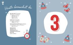 Schriftzug Heute brauchst du auf weißem Hintergrund. Auf der rechten Seite sind Wintermützen, Handschuhe und Schneeflocken in rot, blau und weiß. Links eine Liste mit Garn- und Materialangaben.