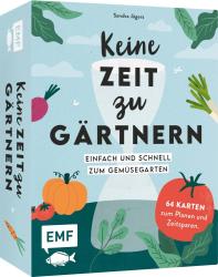 Buchcover mit dem Titel 'Keine Zeit zu Gärtnern'. Illustrationen von Gemüse und Pflanzen auf einem hellblauen Hintergrund.