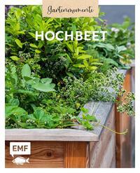 Buchcover mit dem Titel 'Hochbeet'. Grünes Pflanzenarrangement in einem Holzhochbeet.