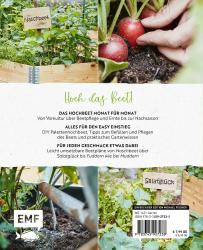 Buchcover mit dem Titel 'Hochbeet'. Grünes Pflanzenarrangement in einem Holzhochbeet.