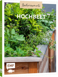 Buchcover mit dem Titel 'Hochbeet'. Grünes Pflanzenarrangement in einem Holzhochbeet.