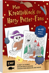 Buchcover mit dem Titel 'Mein Kreativblock für Harry Potter-Fans'. Enthält Illustrationen zum Ausmalen und Rätseln.