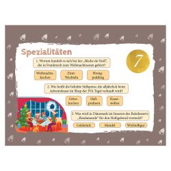 Weihnachtsquiz mit Fragen zu Spezialitäten wie Weihnachtskuchen, Zimtwaffeln und Honigpudding. Enthält auch Fragen zu beliebten Süßspeisen und Weihnachtsbräuchen.