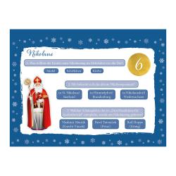 Grafik mit blauer Hintergrund und weißen Schneeflocken. Enthält eine weiße, handgeschriebene Schrift mit Fragen zu Nikolaus und einem Bild von Sankt Nikolaus in rotem Gewand.