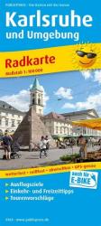 Radkarte für Karlsruhe und Umgebung im Maßstab 1:100.000. Bild zeigt eine Stadtansicht mit Markt und einem monumentalen Bauwerk.