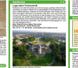 Radkarte für Karlsruhe und Umgebung im Maßstab 1:100.000. Bild zeigt eine Stadtansicht mit Markt und einem monumentalen Bauwerk.