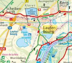 Radkarte für Karlsruhe und Umgebung im Maßstab 1:100.000. Bild zeigt eine Stadtansicht mit Markt und einem monumentalen Bauwerk.