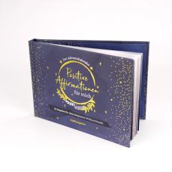 Adventskalender mit dem Titel 'Positive Affirmationen für mich'. Dunkelblauer Hintergrund mit goldenen Sternen und einer dekorativen Schrift.