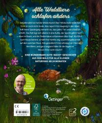 Buchcover mit dem Titel 'Wie schläft der Wald?'. Illustrationen von Tieren und Pflanzen in einer nächtlichen Waldszene.