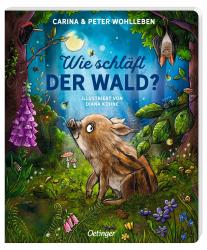 Buchcover mit dem Titel 'Wie schläft der Wald?'. Illustrationen von Tieren und Pflanzen in einer nächtlichen Waldszene.