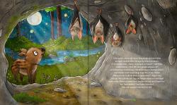 Buchcover mit dem Titel 'Wie schläft der Wald?'. Illustrationen von Tieren und Pflanzen in einer nächtlichen Waldszene.