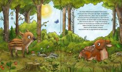 Buchcover mit dem Titel 'Wie schläft der Wald?'. Illustrationen von Tieren und Pflanzen in einer nächtlichen Waldszene.