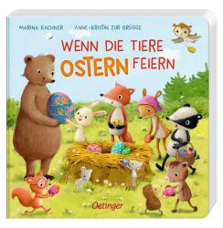 Buchcover mit dem Titel 'Wenn die Tiere Ostern feiern'. Bunte Tiere, die Ostereier sammeln und feiern.