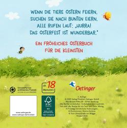 Buchcover mit dem Titel 'Wenn die Tiere Ostern feiern'. Bunte Tiere, die Ostereier sammeln und feiern.