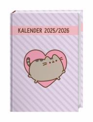 Kalender 2025/2026. Rosa Hintergrund mit diagonalen Streifen. Herzform mit einer grauen Katze. Einfaches, verspieltes Design.
