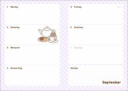 Kalender 2025/2026. Rosa Hintergrund mit diagonalen Streifen. Herzform mit einer grauen Katze. Einfaches, verspieltes Design.