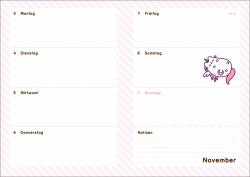 Kalender 2025/2026. Rosa Hintergrund mit diagonalen Streifen. Herzform mit einer grauen Katze. Einfaches, verspieltes Design.