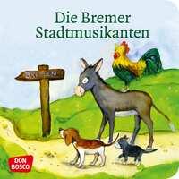 Illustration von Die Bremer Stadtmusikanten. Tiere: Esel, Hund, Katze und Hahn auf einem Weg.