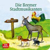 Illustration von Die Bremer Stadtmusikanten. Tiere: Esel, Hund, Katze und Hahn auf einem Weg.