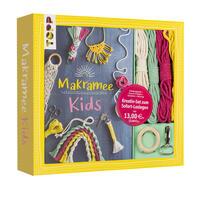 Bastelset für Kinder mit verschiedenen bunten Garnen. Enthält Materialien für Makramee-Projekte.