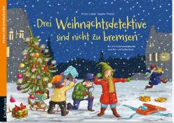 Buchcover mit dem Titel 'Drei Weihnachtsdetektive sind nicht zu bremsen'. Winterliche Szene mit Weihnachtsbaum und drei Kindern, die ermitteln.
