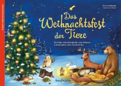 Buchcover mit dem Titel 'Das Weihnachtsfest der Tiere'. Weihnachtsbaum und verschiedene Tiere in einer winterlichen Landschaft.
