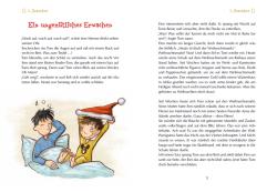 Illustration von zwei Jungen im Bett, einer trägt eine Nikolausmütze. Der eine sitzt und der andere liegt mit geschlossenen Augen.