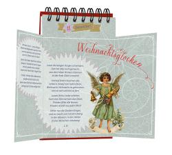 Kalenderblatt für Dezember mit Weihnachtsmotiv. Illustration eines Engels mit Flügeln, in festlicher Kleidung, auf einer Wolke sitzend.