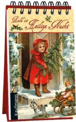 Ein Kalender mit einem Kind in rotem Mantel, das einen Zweig trägt. Im Hintergrund Schnee und ein Spielzeugpferd.