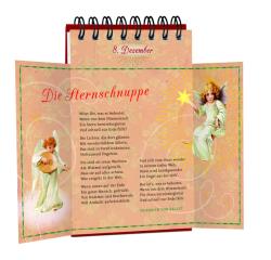 Offenes Buch mit Gedichttext zur Sternschnuppe, zwei Engelillustrationen, ein Engel hält eine Sternschnuppe, der andere Gitarre spielend. Hintergrund in Pastellfarben mit Sternmotiven.