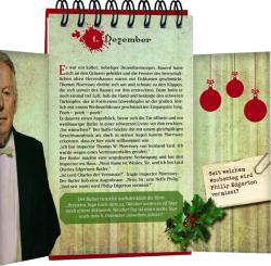 Kalenderblatt für den 1. Dezember mit rotem Farbspritzer und Weihnachtsdekoration. Text in Deutsch, mit Weihnachtsbaum und Ornamenten.