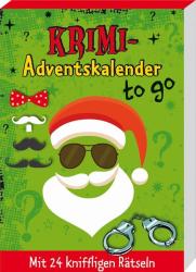 Buchcover mit dem Titel 'Krimi-Adventskalender to go'. Grafische Darstellung eines Weihnachtsmannes mit Sonnenbrille und verschiedenen Schnurrbärten.