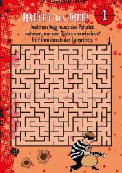 Labyrinth mit schwarzen Linien auf orangefarbenem Hintergrund. Oben rechts ein roter Kreis mit Zahl 1. Unten rechts eine Figur im Gefängnisstreifen-Outfit mit Lupe und Beutelsack.