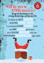 Weihnachtliches Bild mit Schneefall, ein roter Weihnachtsmann auf einem Schornstein, darunter ein Geschenk. Über dem Bild Text mit Lückentext für ein Rätsel.