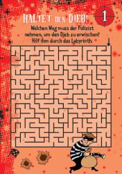 Hintergrund in rot mit Schneeflocken. Oben Text: Halttet den Dieb. Unten Labyrinth mit einem Polizisten in Streifen, der eine Tasche hält.