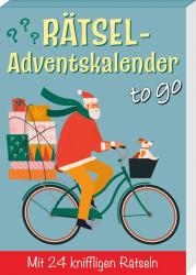Buchcover mit dem Titel Rätself-Adventskalender to go. Ein Weihnachtsmann auf einem Fahrrad mit Geschenken und einem Hund.