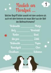 Weihnachtliches Arbeitsblatt mit Fragen zu Begriffen rund um Weihnachten. Zwei Pinguine stehen sich gegenüber, im Hintergrund Schneeflocken und Wolken.
