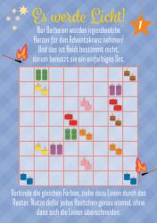 Adventskranz mit bunten Kerzen, darunter bunte Geschenkboxen, Torten und Kerzen. Farbige Linien verbinden gleiche Farben, um Muster zu bilden.