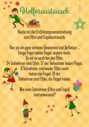 Weihnachtliches Elfen- und Engeltausch, mit elf und engel Figuren, die Flügel haben. Teilnehmerzahl und Anzahl der Flügel wird beschrieben.