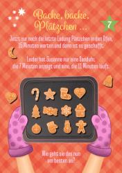 Smartphone mit Weihnachtsmotiven und bunten Icons. Hände mit lila Handschuhen halten das Gerät.