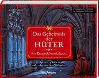 Buchcover mit dem Titel 'Das Geheimnis der Hüter'. Dunkler Hintergrund mit einer Figur in einem roten Umhang.