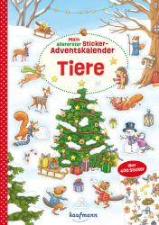 Buchcover eines Adventskalenders mit dem Titel 'Mein allererster Sticker-Adventskalender Tiere'. Bunte Illustrationen von Tieren und Weihnachtsmotiven.