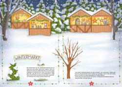 Wintermarkt auf einer verschneiten Waldwiese mit Holzhütten, Tannenbaum und einem Baum ohne Blätter. Es gibt Weihnachtsdekorationen und eine Beschilderung mit dem Wort 'WINTERMARKT'.