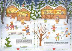 Wintermarkt im Schnee mit Tieren, Menschen und Weihnachtsdekorationen. Es gibt Stände mit Leckereien und Geschenken, ein Weihnachtsbaum und eine Schneefigur.