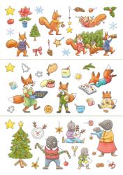 Weihnachtliche Szene mit Tieren und Dekorationen. Eichhörnchen, Igel, Vögel, Tannenzweige, Schneeflocken, Sterne, Christbaumschmuck, Geschenke.